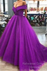 A Line Off The Shoulder  Purple Tulle Semi Formal Prom Dresses Long Evening Gown